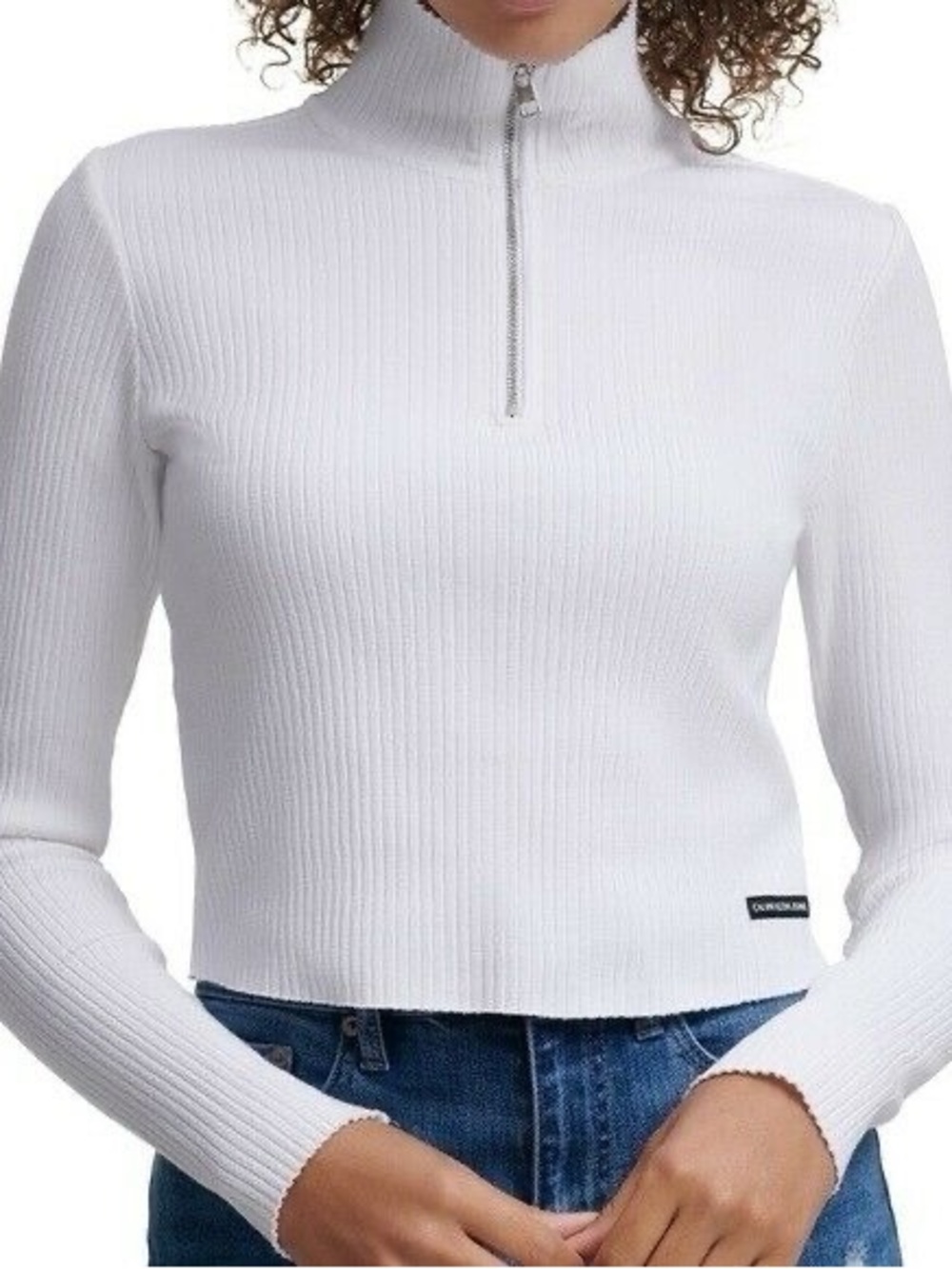 Calvin Klein White Ribbed Half-Zip Mock Neck Crop Sweater